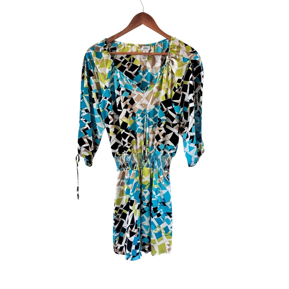 Cache Geometric Beaded Blouson Dress Womens XS Blue 3/4 Slit Sleeve Boho‎